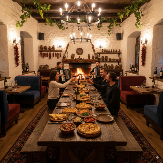 Table d'un restaurant géorgien avec spécialités et vin
